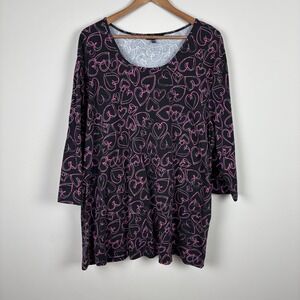 Ulla Popken Tunic Top Womens Plus 28/30 Black Pink Heart Scoop Neck 3/4 Sleeve